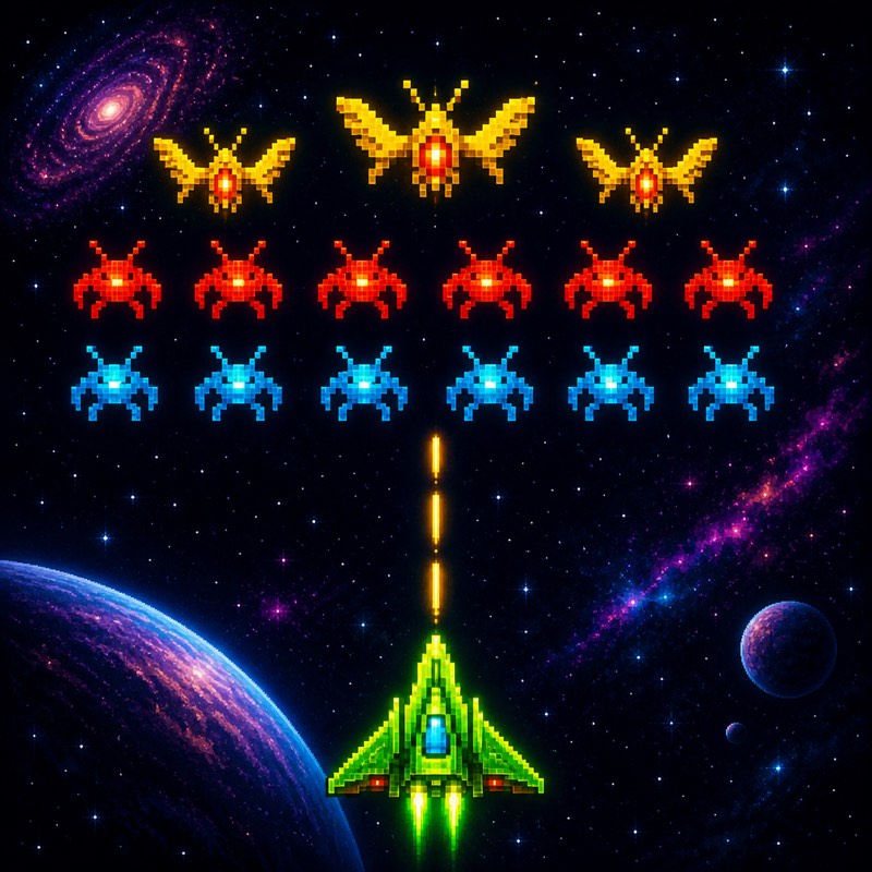 Green fighter facing a formation of colorful Galaxian aliens in space
