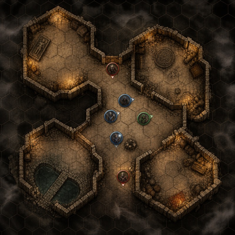 Top-down hex dungeon map with adventurer and monster tokens