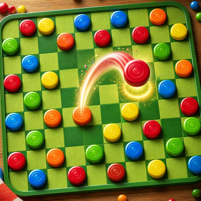 Skippity board crowded with colorful hopping tokens